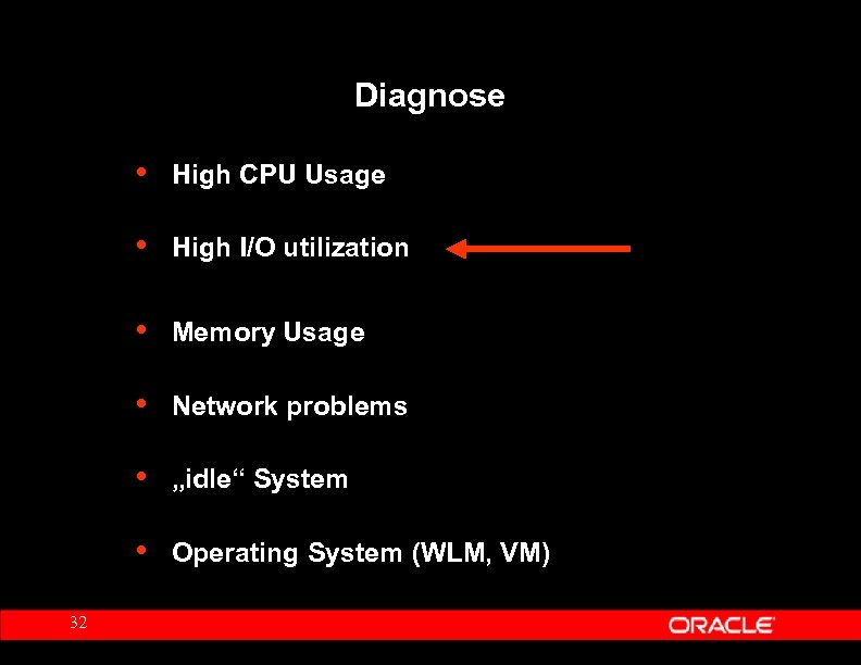 Diagnose • • High I/O utilization • Memory Usage • Network problems • „idle“