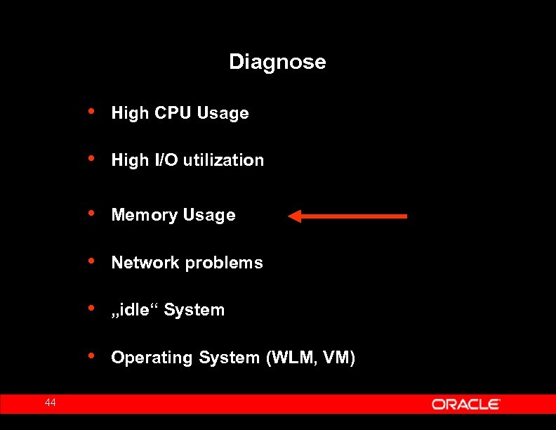 Diagnose • • High I/O utilization • Memory Usage • Network problems • „idle“