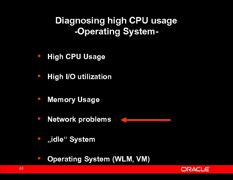 Diagnosing high CPU usage -Operating System- • • High I/O utilization • Memory Usage