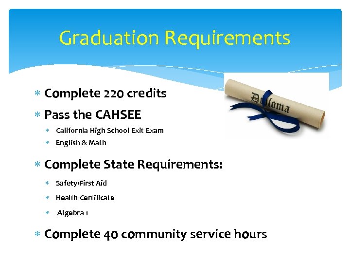 Graduation Requirements Complete 220 credits Pass the CAHSEE California High School Exit Exam English