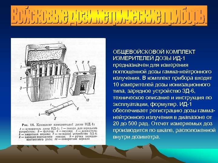 ОБЩЕВОЙСКОВОЙ КОМПЛЕКТ ИЗМЕРИТЕЛЕЙ ДОЗЫ ИД-1 предназначен для измерения поглощенной дозы гамма-нейтронного излучения. В комплект