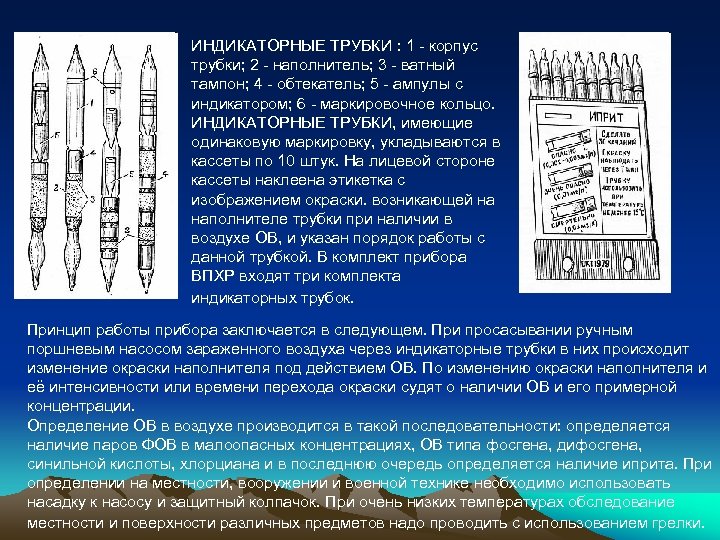 ИНДИКАТОРНЫЕ ТРУБКИ : 1 - корпус трубки; 2 - наполнитель; 3 - ватный тампон;