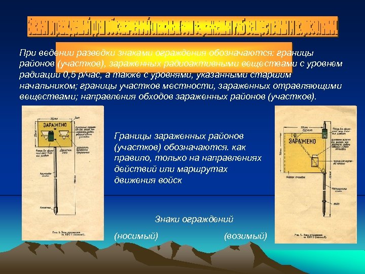 При ведении разведки знаками ограждения обозначаются: границы районов (участков), зараженных радиоактивными веществами с уровнем