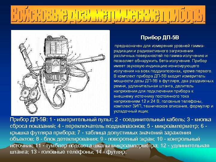 Прибор ДП-5 В предназначен для измерения уровней гаммарадиации и радиоактивного загрязнения различных поверхностей по