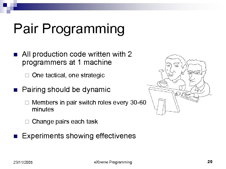 Pair Programming n All production code written with 2 programmers at 1 machine ¨