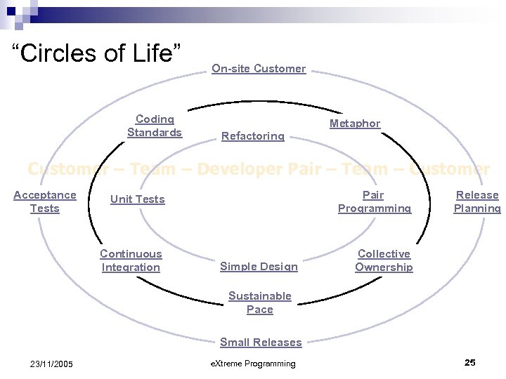 “Circles of Life” Coding Standards On-site Customer Metaphor Refactoring Customer – Team – Developer