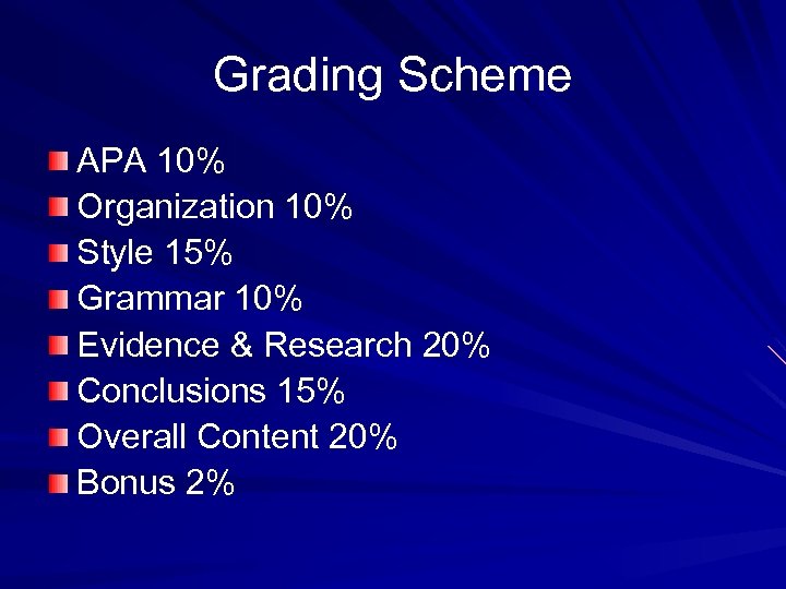 Grading Scheme APA 10% Organization 10% Style 15% Grammar 10% Evidence & Research 20%