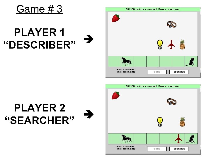 Game # 3 PLAYER 1 “DESCRIBER” PLAYER 2 “SEARCHER” 