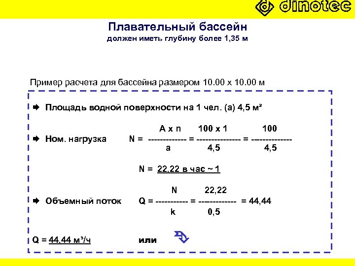 Плавательный бассейн должен иметь глубину более 1, 35 м Пример расчета для бассейна размером