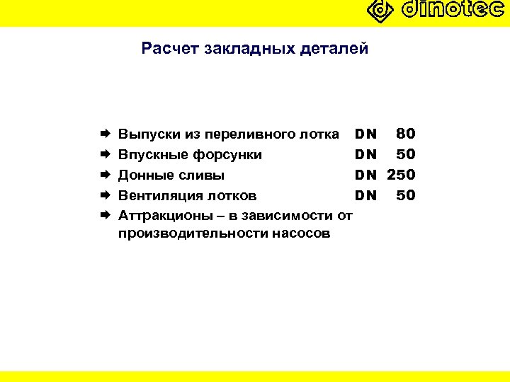 Расчет закладных деталей Выпуски из переливного лотка DN 80 Впускные форсунки DN 50 Донные
