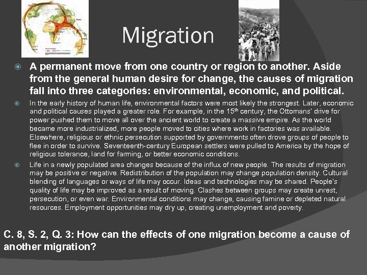Migration A permanent move from one country or region to another. Aside from the