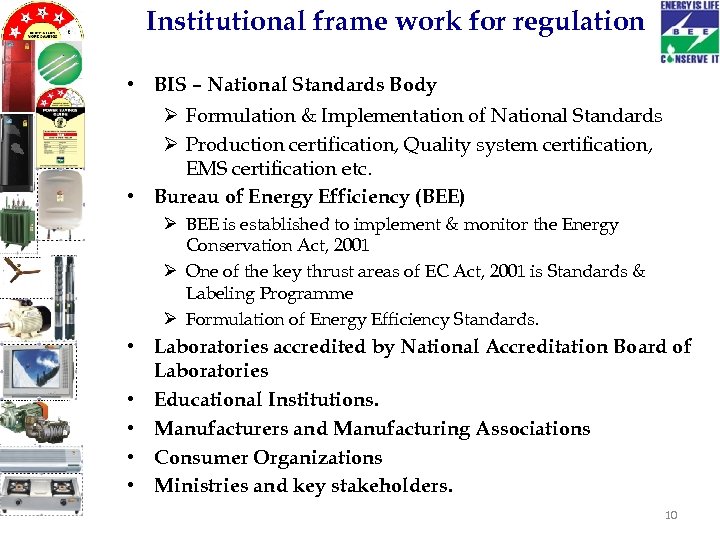 Institutional frame work for regulation • BIS – National Standards Body Ø Formulation &