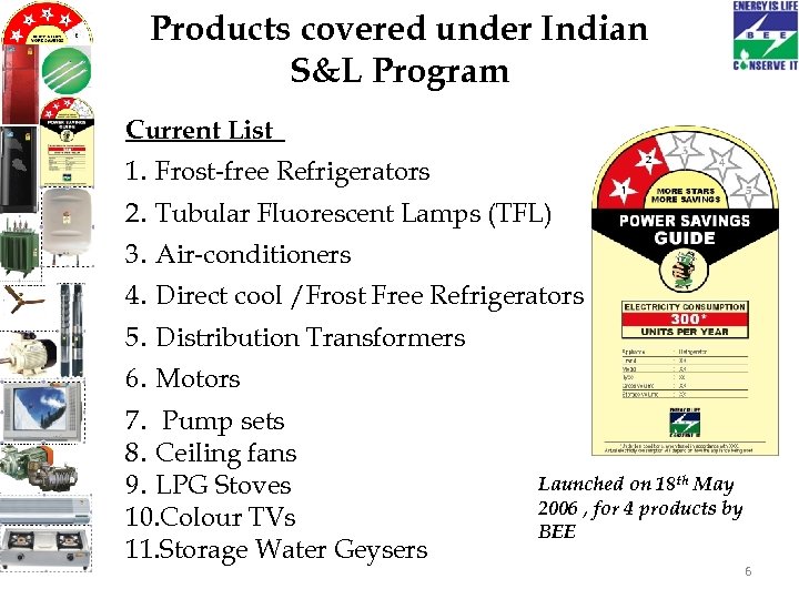 Products covered under Indian S&L Program Current List 1. Frost-free Refrigerators 2. Tubular Fluorescent