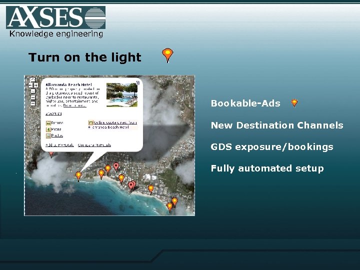 Knowledge engineering Turn on the light Bookable-Ads New Destination Channels GDS exposure/bookings. Fully automated