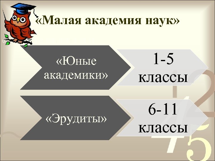  «Малая академия наук» «Юные академики» 1 -5 классы «Эрудиты» 6 -11 классы 