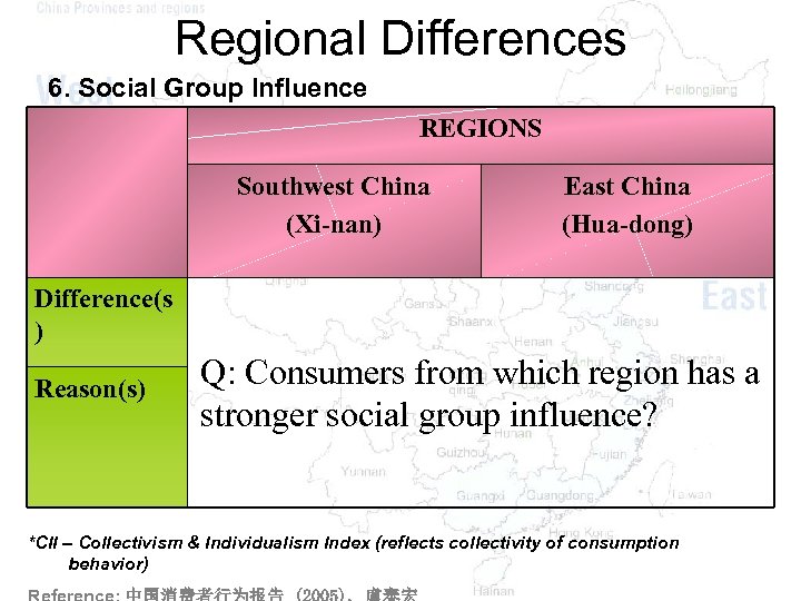 Regional Differences 6. Social Group Influence REGIONS Southwest China (Xi-nan) East China (Hua-dong) Difference(s