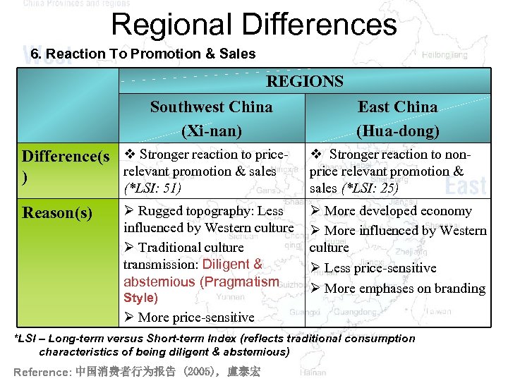 Regional Differences 6. Reaction To Promotion & Sales REGIONS Southwest China East China (Xi-nan)