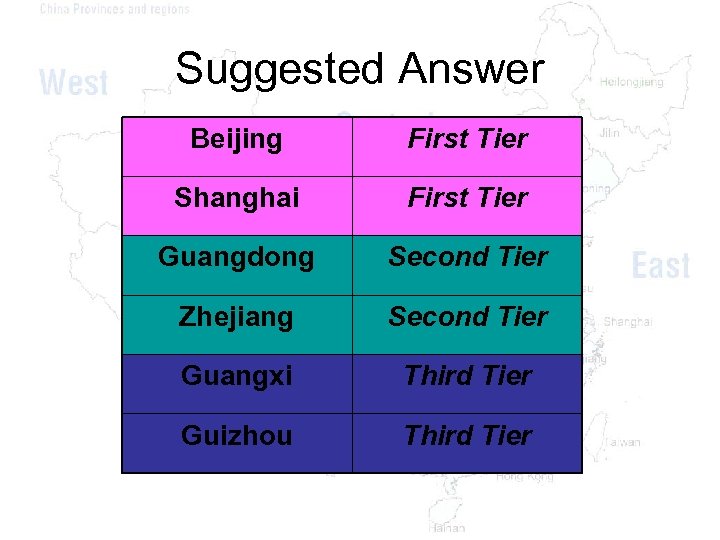 Suggested Answer Beijing First Tier Shanghai First Tier Guangdong Second Tier Zhejiang Second Tier