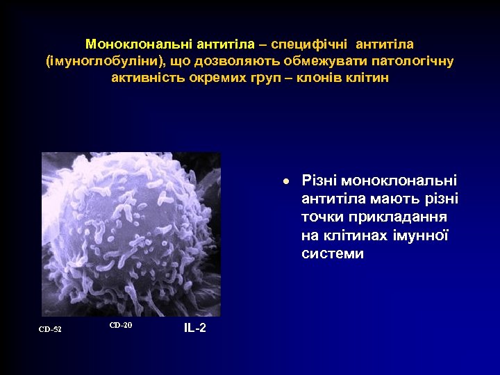 Моноклональні антитіла – специфічні антитіла (імуноглобуліни), що дозволяють обмежувати патологічну активність окремих груп –