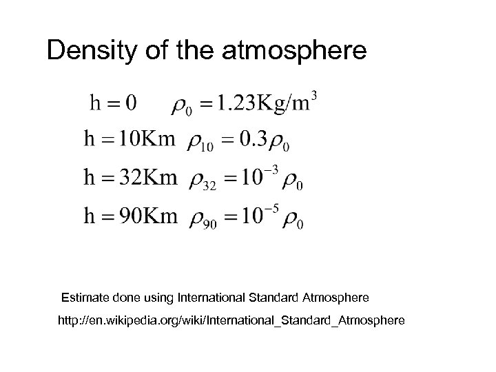 Density of the atmosphere Estimate done using International Standard Atmosphere http: //en. wikipedia. org/wiki/International_Standard_Atmosphere