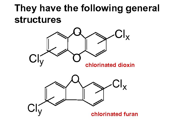 They have the following general structures O Cly O O Cly Clx chlorinated dioxin