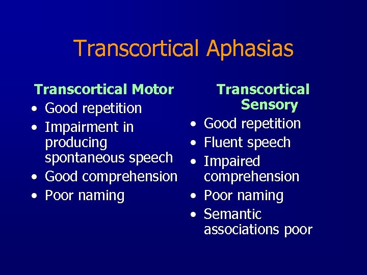 Transcortical Aphasias Transcortical Motor • Good repetition • Impairment in producing spontaneous speech •