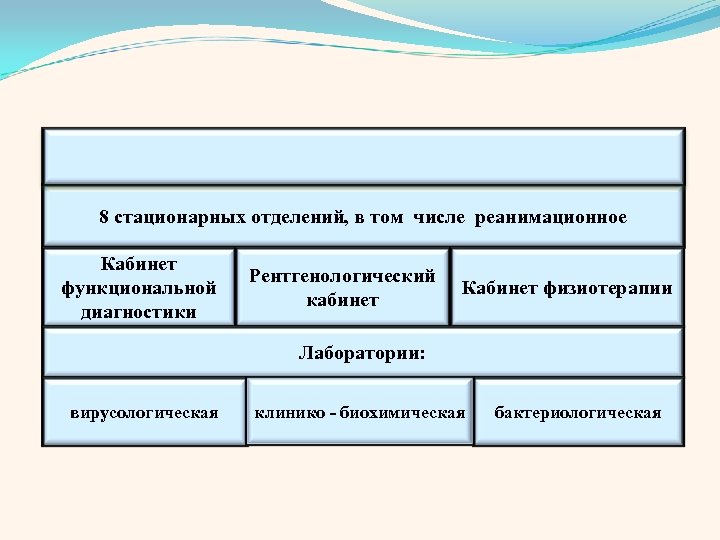 8 стационарных отделений, в том числе реанимационное Кабинет функциональной диагностики Рентгенологический кабинет Кабинет физиотерапии