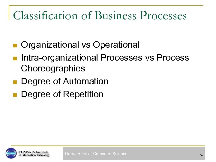 Classification of Business Processes n n Organizational vs Operational Intra-organizational Processes vs Process Choreographies