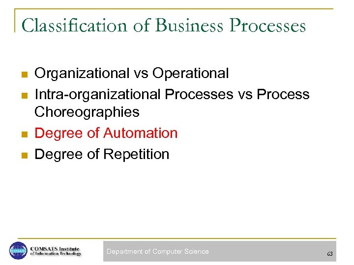 Classification of Business Processes n n Organizational vs Operational Intra-organizational Processes vs Process Choreographies