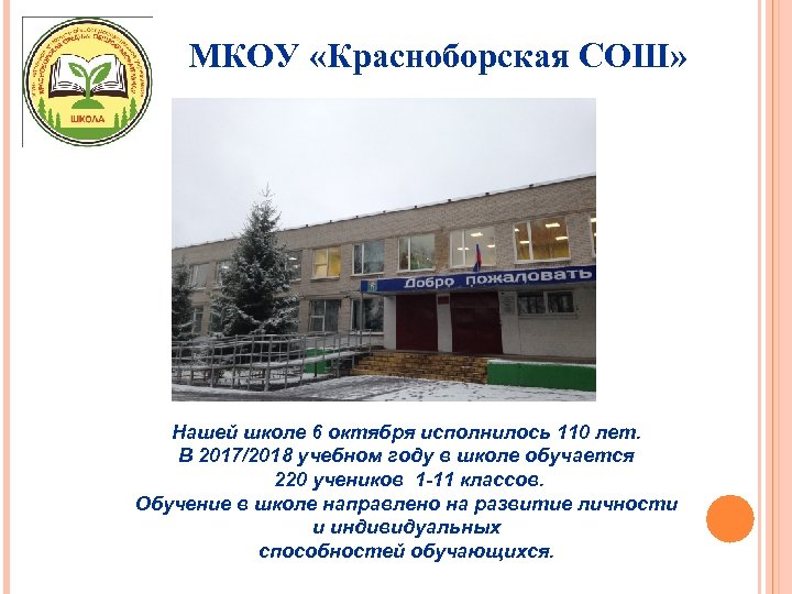 МКОУ «Красноборская СОШ» Нашей школе 6 октября исполнилось 110 лет. В 2017/2018 учебном году