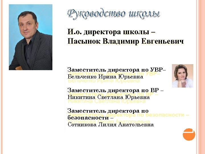 Руководство школы И. о. директора школы – Пасынок Владимир Евгеньевич Заместитель директора по УВР–