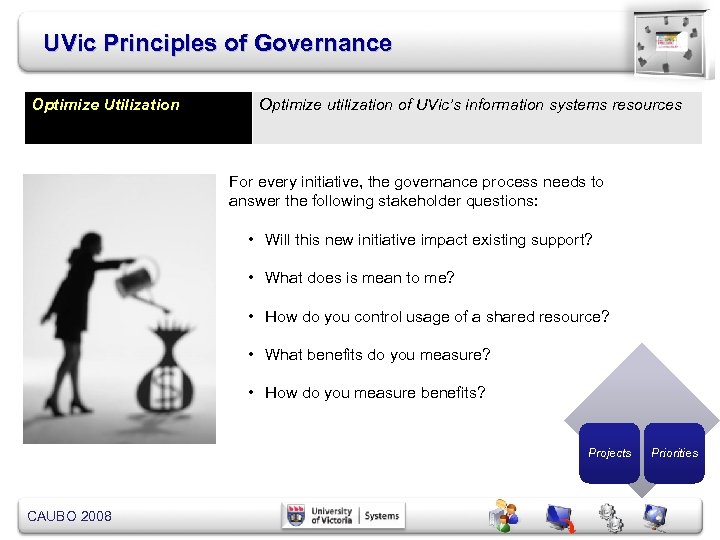 UVic Principles of Governance Optimize Utilization Optimize utilization of UVic’s information systems resources For