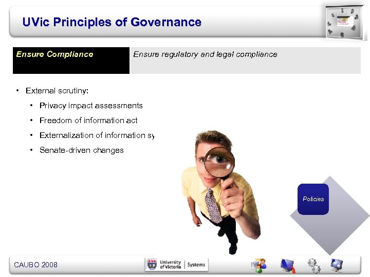 UVic Principles of Governance Ensure Compliance Ensure regulatory and legal compliance • External scrutiny: