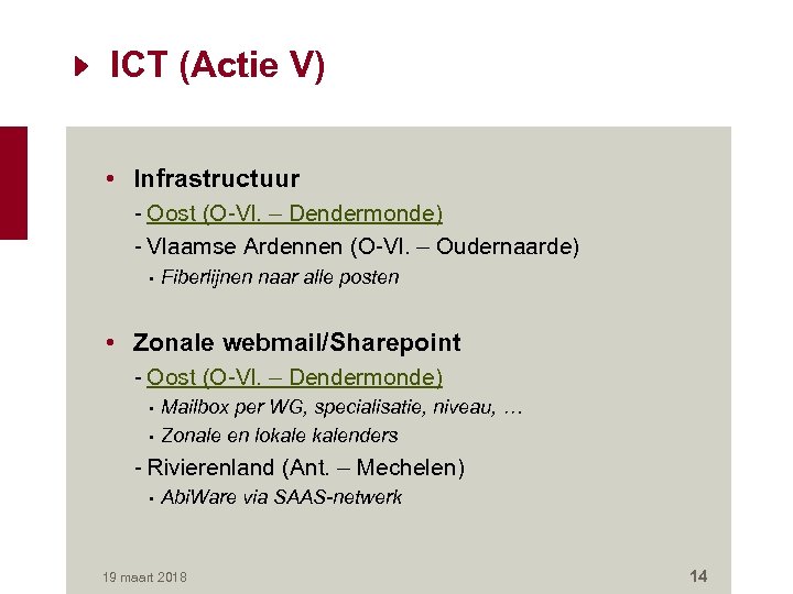 ICT (Actie V) • Infrastructuur - Oost (O-Vl. – Dendermonde) - Vlaamse Ardennen (O-Vl.