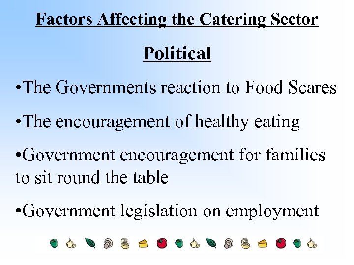 Factors Affecting the Catering Sector Political • The Governments reaction to Food Scares •