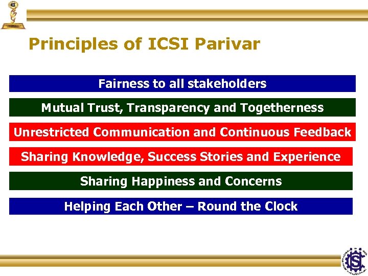 Principles of ICSI Parivar Fairness to all stakeholders Mutual Trust, Transparency and Togetherness Unrestricted
