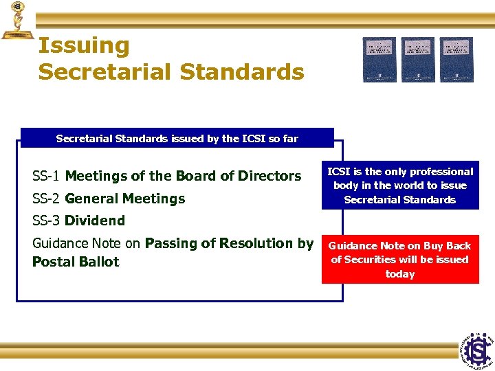 Issuing Secretarial Standards issued by the ICSI so far SS-1 Meetings of the Board