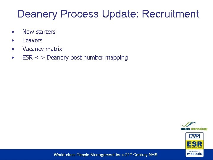 Deanery Process Update: Recruitment • • New starters Leavers Vacancy matrix ESR < >