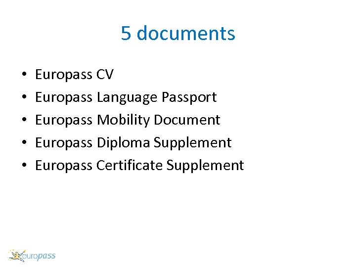 5 documents • • • Europass CV Europass Language Passport Europass Mobility Document Europass