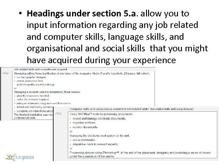  • Headings under section 5. a. allow you to input information regarding any