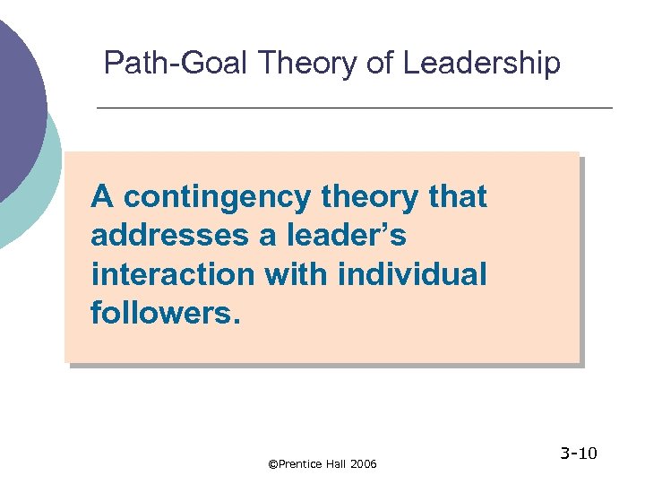 Path-Goal Theory of Leadership A contingency theory that addresses a leader’s interaction with individual