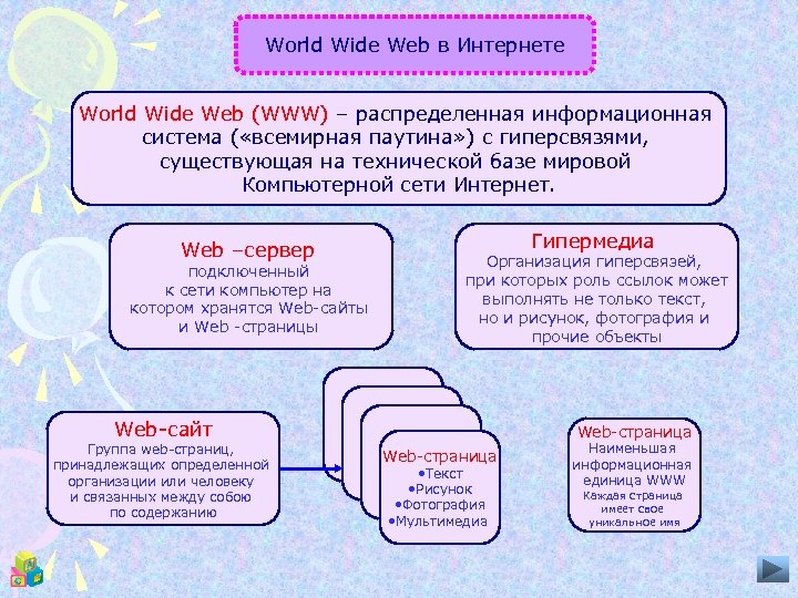 World Wide Web в Интернете World Wide Web (WWW) – распределенная информационная система (