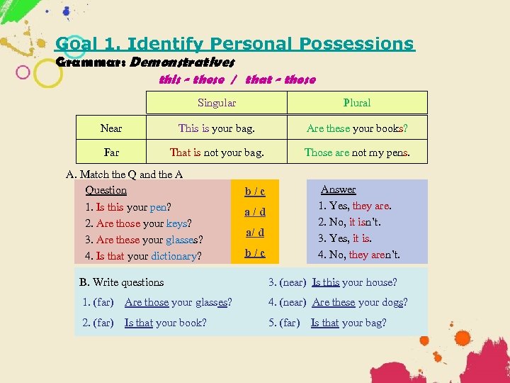 Goal 1. Identify Personal Possessions Grammar: Demonstratives this - these / that - those