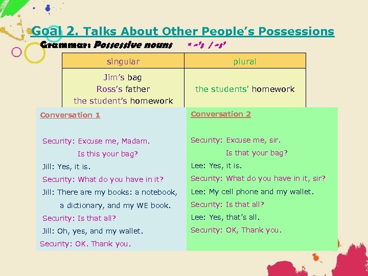 Goal 2. Talks About Other People’s Possessions Grammar: Possessive nouns * -’s / -s’