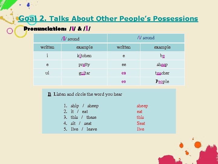 Goal 2. Talks About Other People’s Possessions Pronunciation: /i/ & /I/ /i/ sound /I/