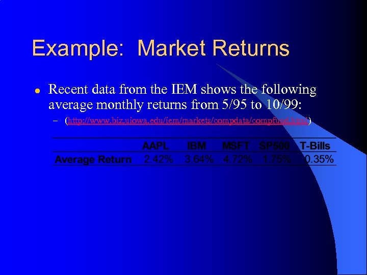 Example: Market Returns l Recent data from the IEM shows the following average monthly