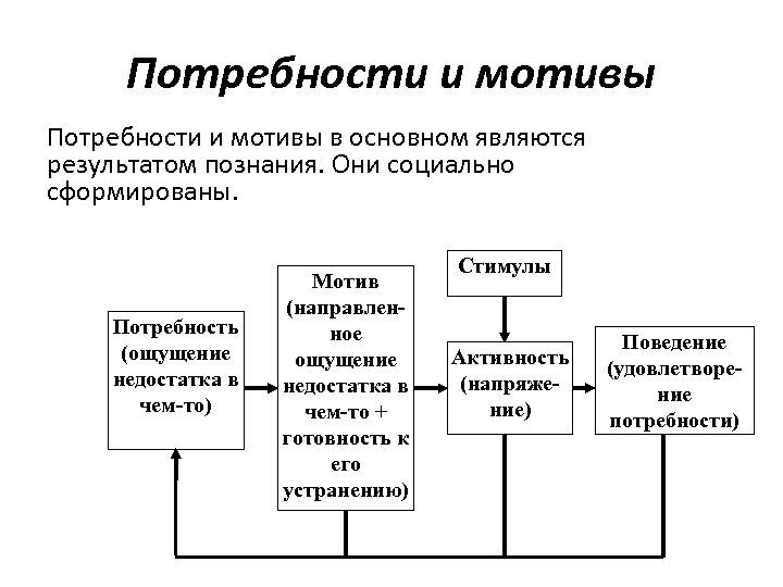 Потребности и мотивы в основном являются результатом познания. Они социально сформированы. Потребность (ощущение недостатка