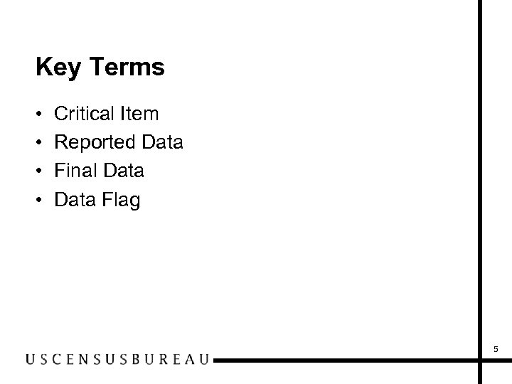Key Terms • • Critical Item Reported Data Final Data Flag 5 