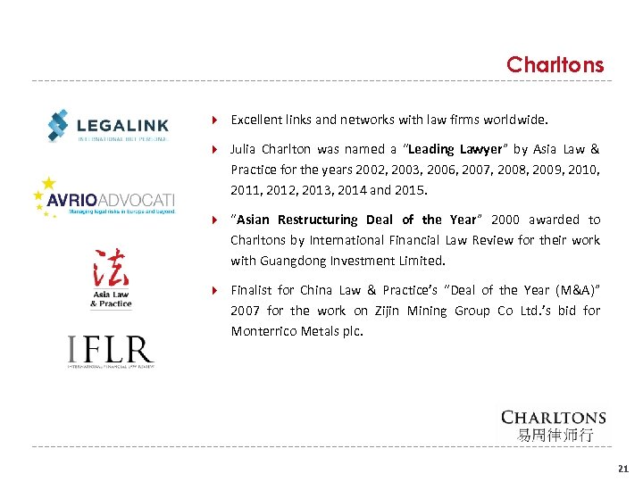 Charltons Excellent links and networks with law firms worldwide. Julia Charlton was named a