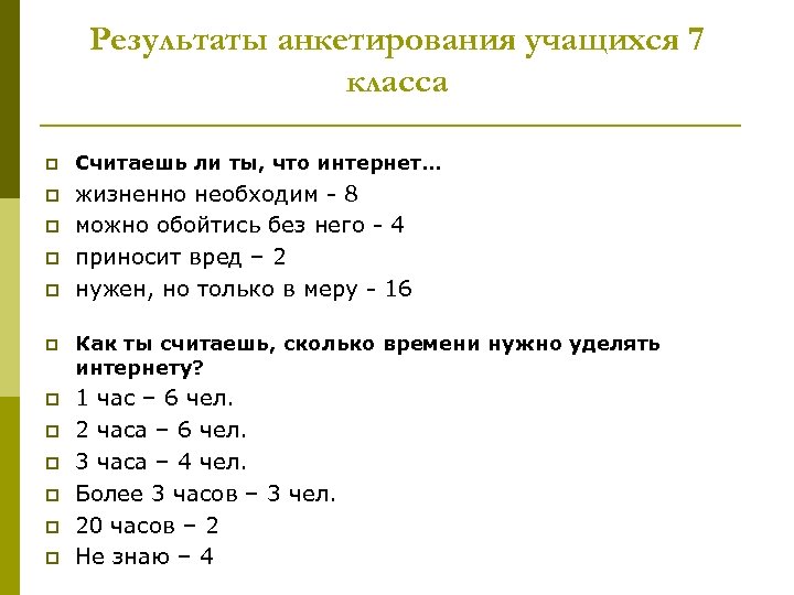Результаты анкетирования учащихся 7 класса p Считаешь ли ты, что интернет… p жизненно необходим